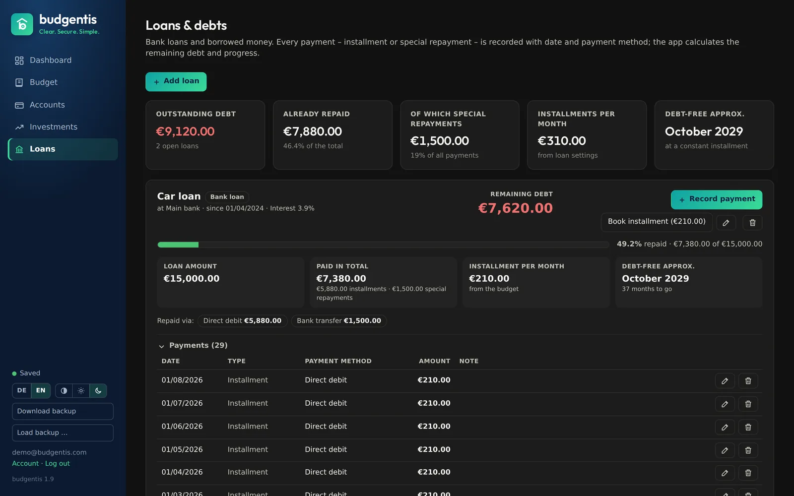Loan overview in dark mode